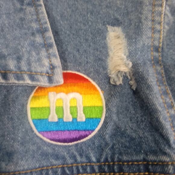 M&M Rainbow Vibes Denim Jean Jacket Large Pride Distressed - Picture 16 of 16